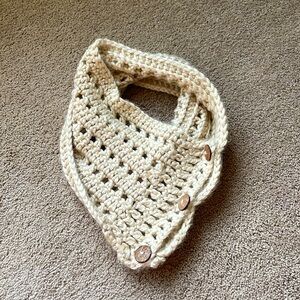 Chunky Knit Beige Cowl Scarf Three Button Hand Knit Boho Hygge Scandi Girl